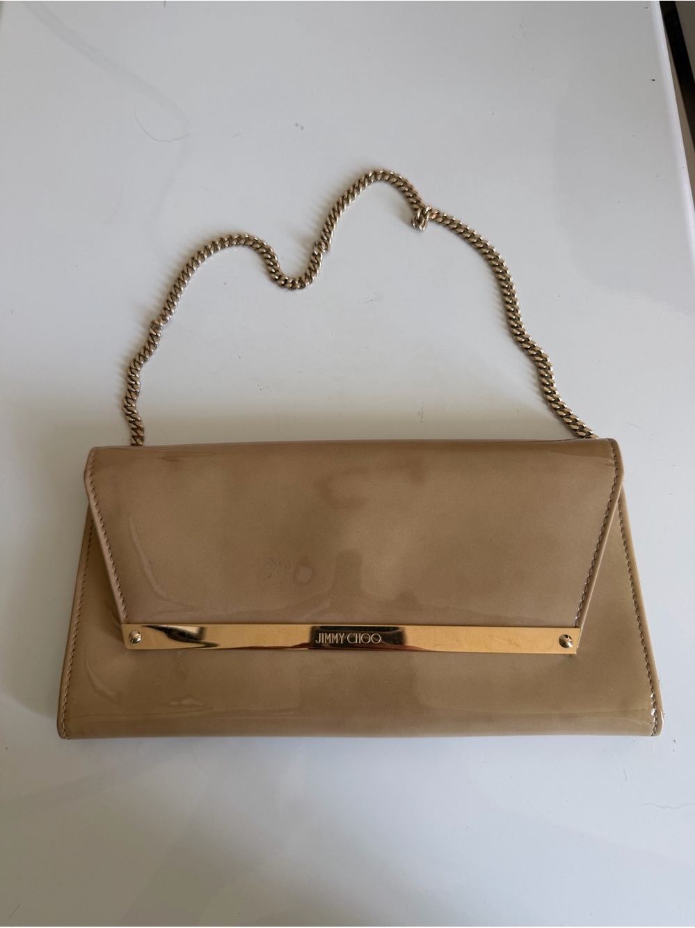 Jimmy Choo Beige Nude Patent Leather Chain Strap Wallet Chain / Envelope Cluth